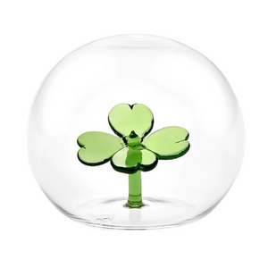 Custom Made Heat Resistant Borosilicate Small Clear Decorative Glass Ball with 3D Clover Colored Figure