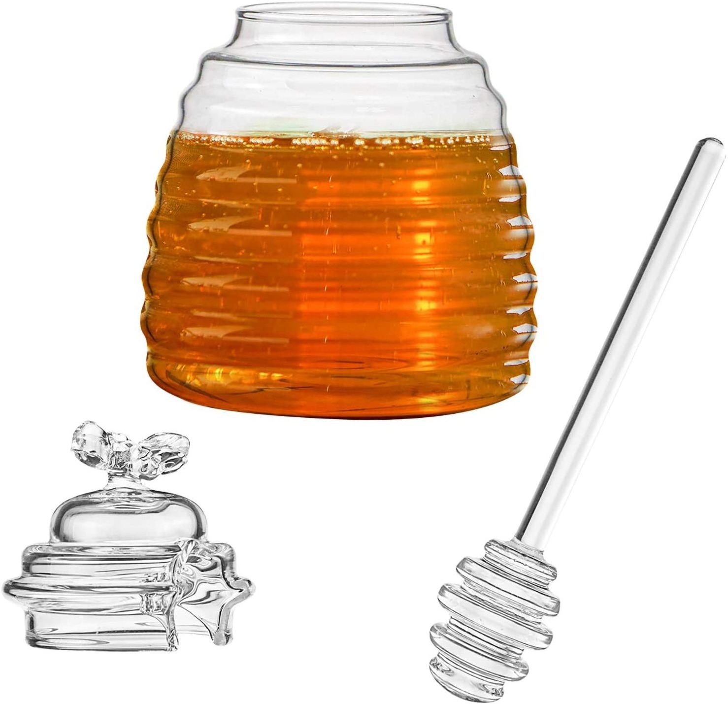 Customized Clear Borosilicate Glass Honey Jar Pot with Dipper and Dustproof Lid for Home Kitchen