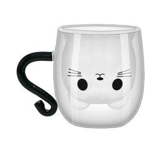 Wholesale Custom Funny Printing Cartoon Tea Cup 3D Animal Cute Black Cat Shape Glass Coffee Mug With Handle