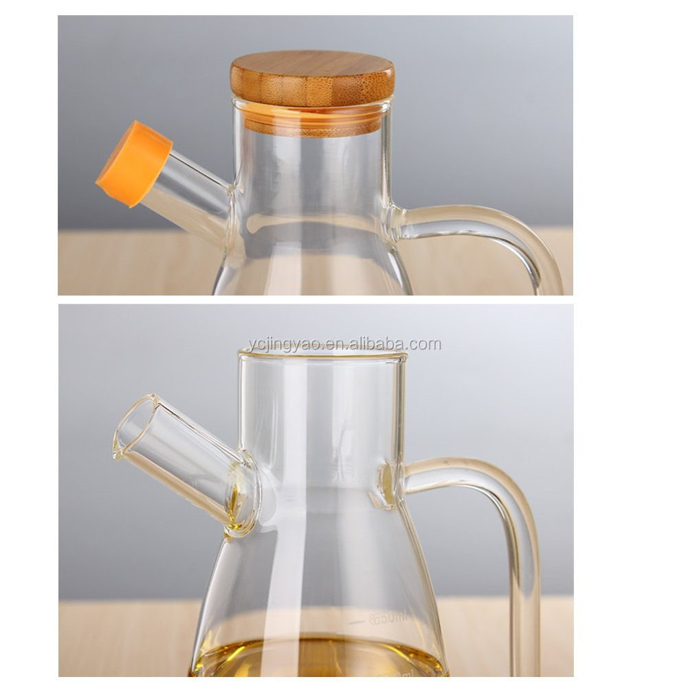 Glass Graduated Oil Bottle with Handle Spout Bamboo Lid Clear Measuring Kitchen Cooking Dispenser Bottle Leak-proof Container