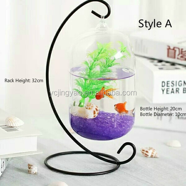 Hanging Desk Glass Fish Bowl Vase Indoor Outdoor Fish Tank Aquarium with Stand