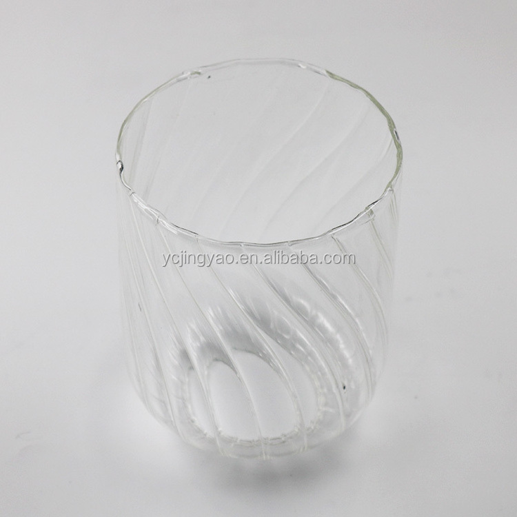 Hand Blown Clear Borosilicate Flat Ribbed Candle Holder with Black Wooden Base