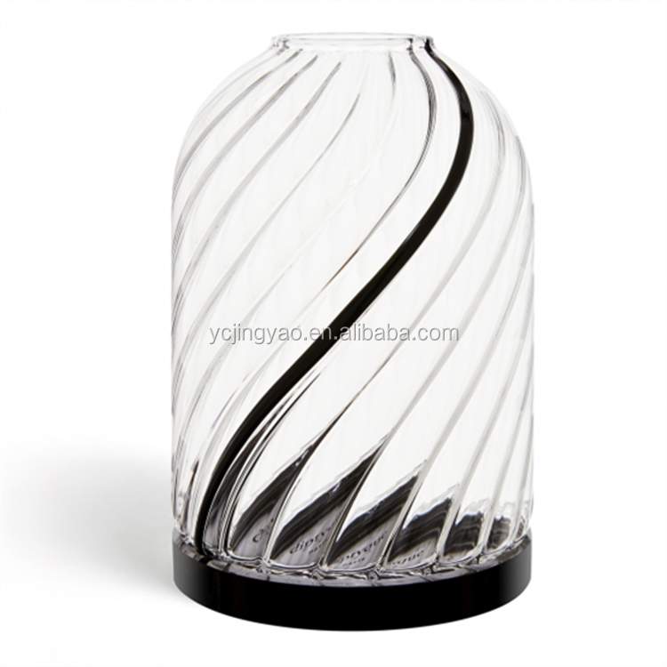 Hand Blown Clear Borosilicate Flat Ribbed Candle Holder with Black Wooden Base