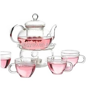 Hand Blown 6-Piece Glass Teapot Gift Set with 4 Cups Teapot Warmer and Infuser