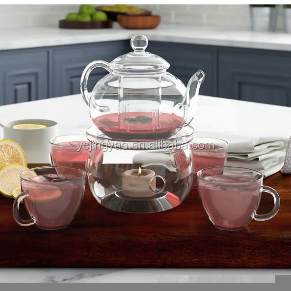 Hand Blown 6-Piece Glass Teapot Gift Set with 4 Cups Teapot Warmer and Infuser