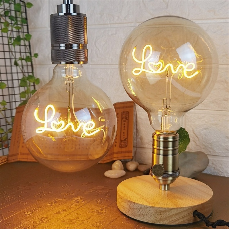 Customized Dimmable amber glass warm light 110V 220V E27 E26 soft decoration G40 G125 letter love heart led filament bulb