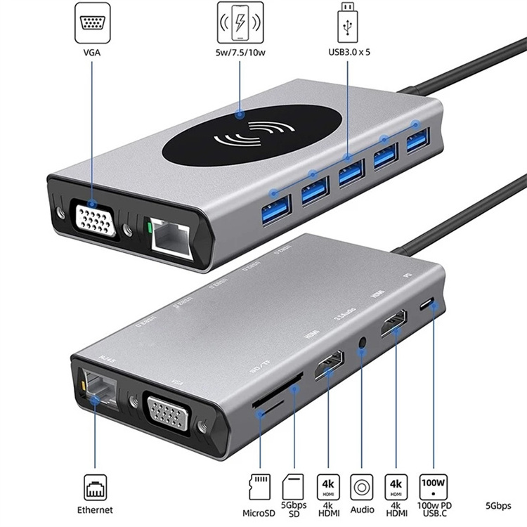 USB C HUB Dual HDTV Adapter PD For MacBook Pro /Air USB Splitter Phone Wireless Charger USB HUB 3 0