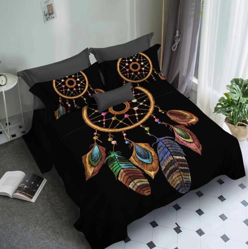 Bedding Set Bohemian Dreamcatcher Mandala Purple Feather 3D Print Cotton Duvet Cover Set For Kids Girls Woman With Pillowcases