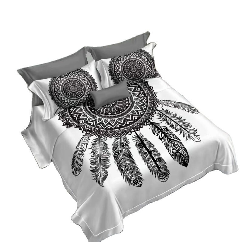 Bedding Set Bohemian Dreamcatcher Mandala Purple Feather 3D Print Cotton Duvet Cover Set For Kids Girls Woman With Pillowcases