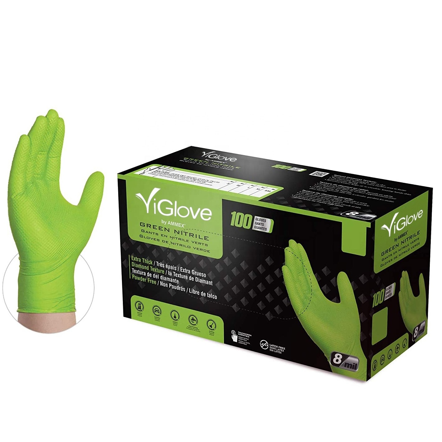 Orange Grip Gloves Box Bodyguard Finite Diamond Textured Nitrile Gloves Green