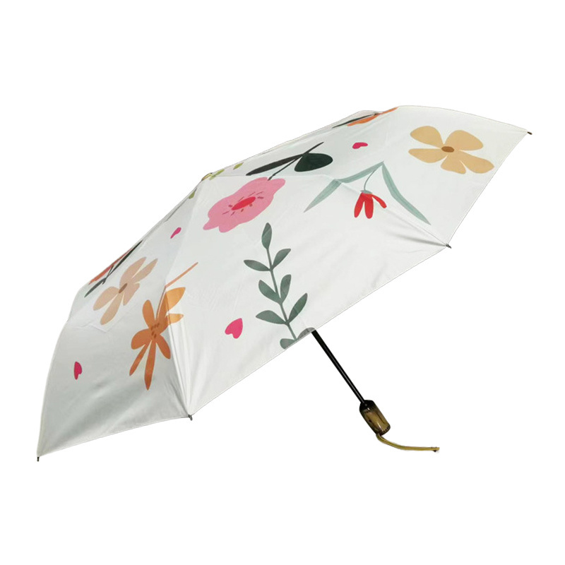 Bamboo handle flower language black glue sunshade ultraviolet three fold automatic umbrella