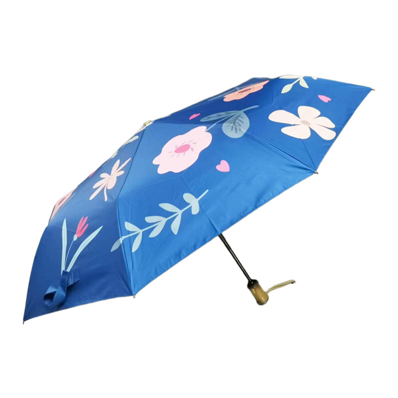 Bamboo handle flower language black glue sunshade ultraviolet three fold automatic umbrella