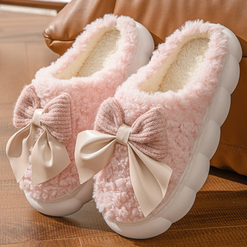 Bow cotton slippers 2024 new lovely female home autumn winter indoor warm cotton slippers winter