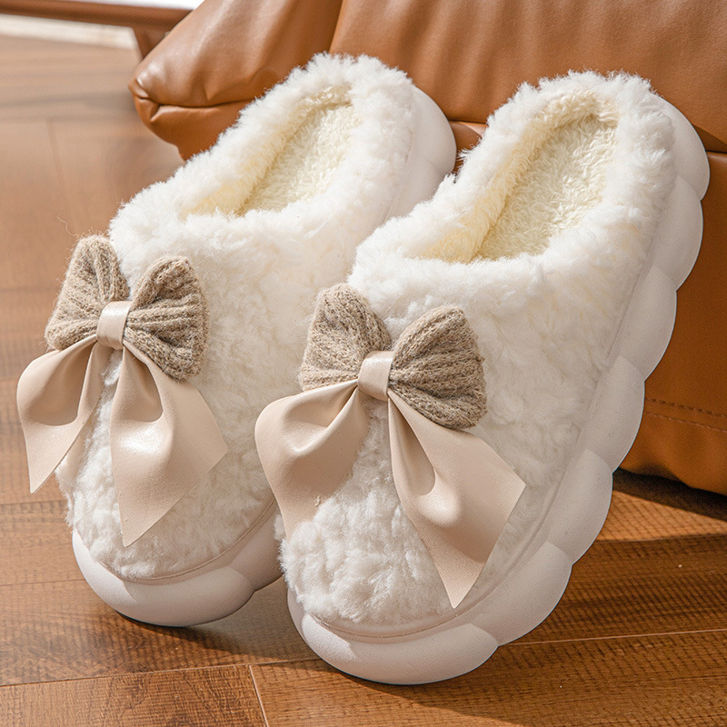 Bow cotton slippers 2024 new lovely female home autumn winter indoor warm cotton slippers winter