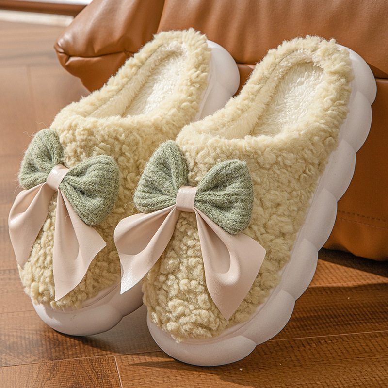 Bow cotton slippers 2024 new lovely female home autumn winter indoor warm cotton slippers winter