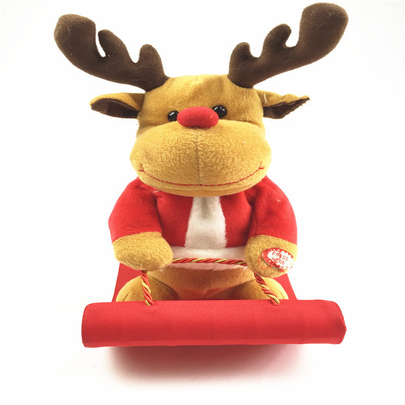 2022 factory customized singing stuffed brown  reindeer christmas toys plush stuffed toy on sled