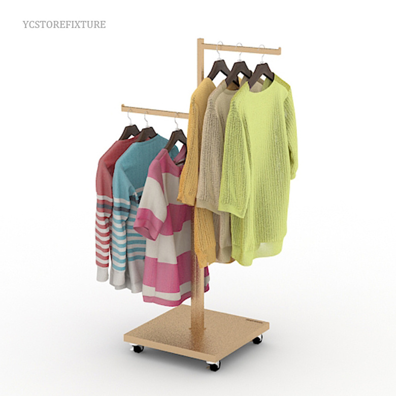 Garment Store Fixtures Two-Way Rolling Metal Stand Gold Clothing Rack