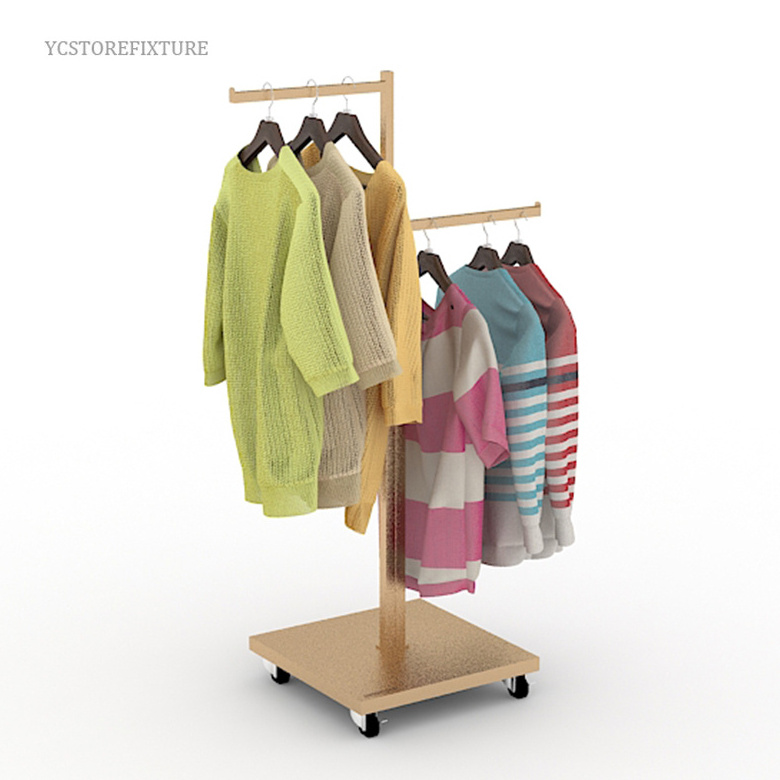 Garment Store Fixtures Two-Way Rolling Metal Stand Gold Clothing Rack