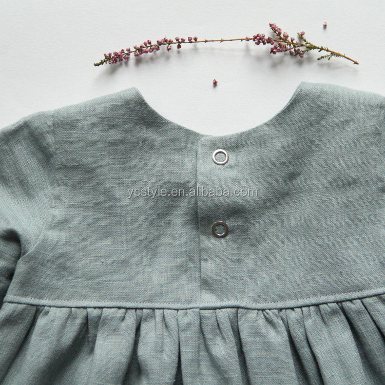 Baby girls gray linen dress with long sleeves for autumn , round neck over knee baptism dress made with pre washed linen