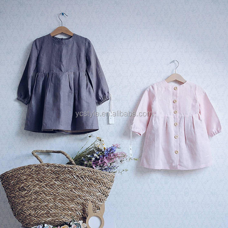 Beautiful Children Clothes Linen Cotton Girls Baby Dress In Long Sleeve For Winter