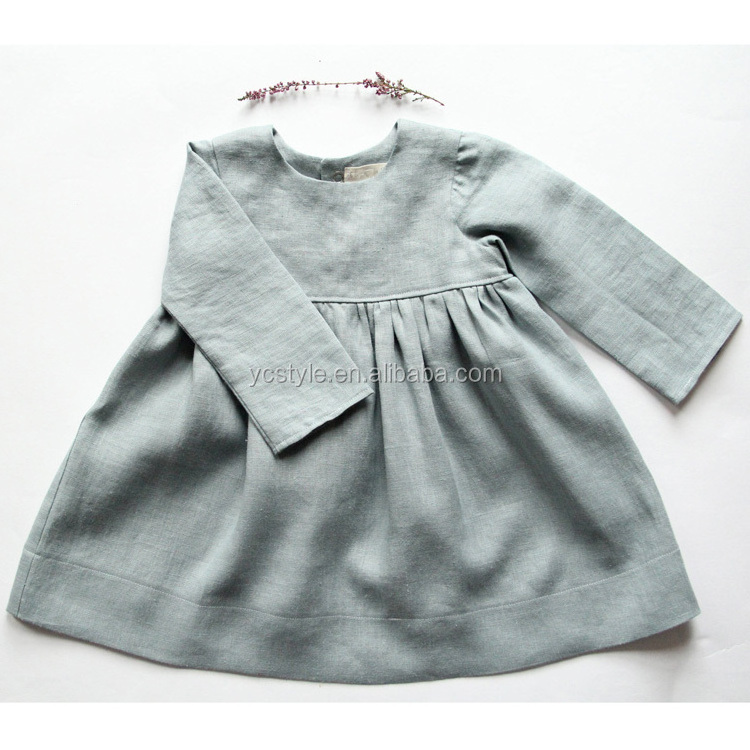 Baby girls gray linen dress with long sleeves for autumn , round neck over knee baptism dress made with pre washed linen