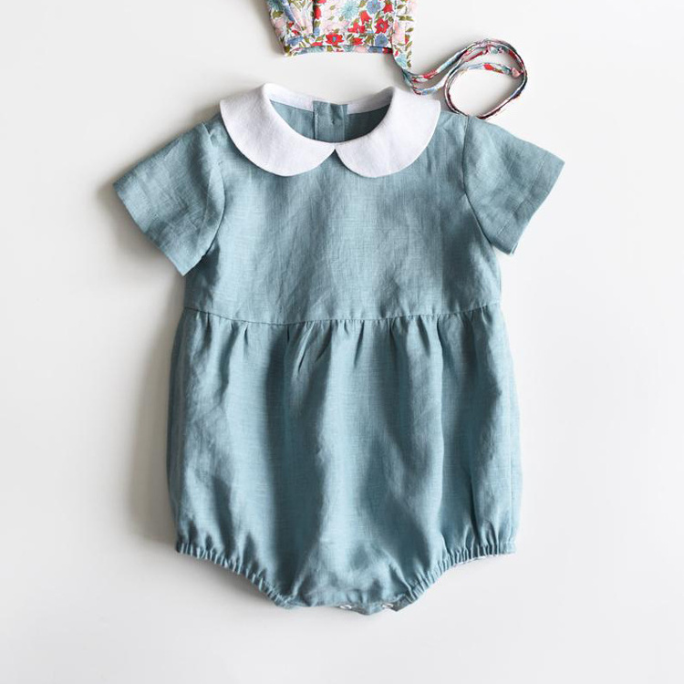 Peter Pan Neck Blue Linen Kids Clothes Short Sleeves Customize Baby Girls Romper