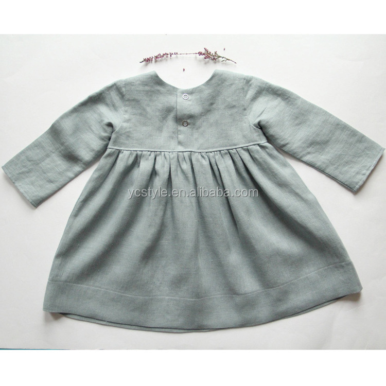 Baby girls gray linen dress with long sleeves for autumn , round neck over knee baptism dress made with pre washed linen