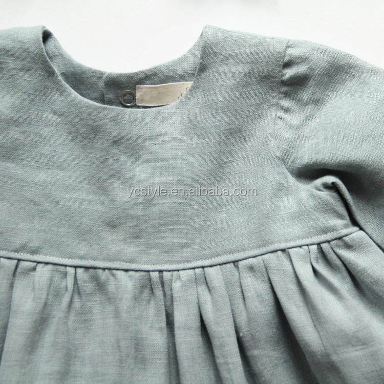 Baby girls gray linen dress with long sleeves for autumn , round neck over knee baptism dress made with pre washed linen