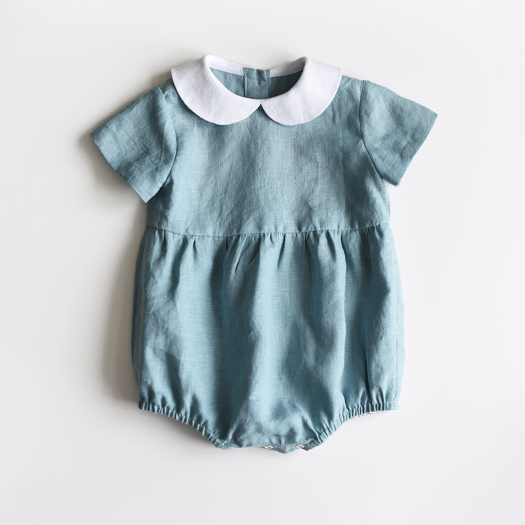 Peter Pan Neck Blue Linen Kids Clothes Short Sleeves Customize Baby Girls Romper