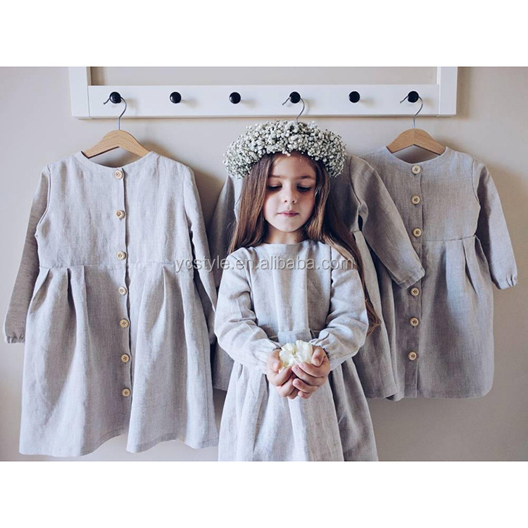 Beautiful Children Clothes Linen Cotton Girls Baby Dress In Long Sleeve For Winter