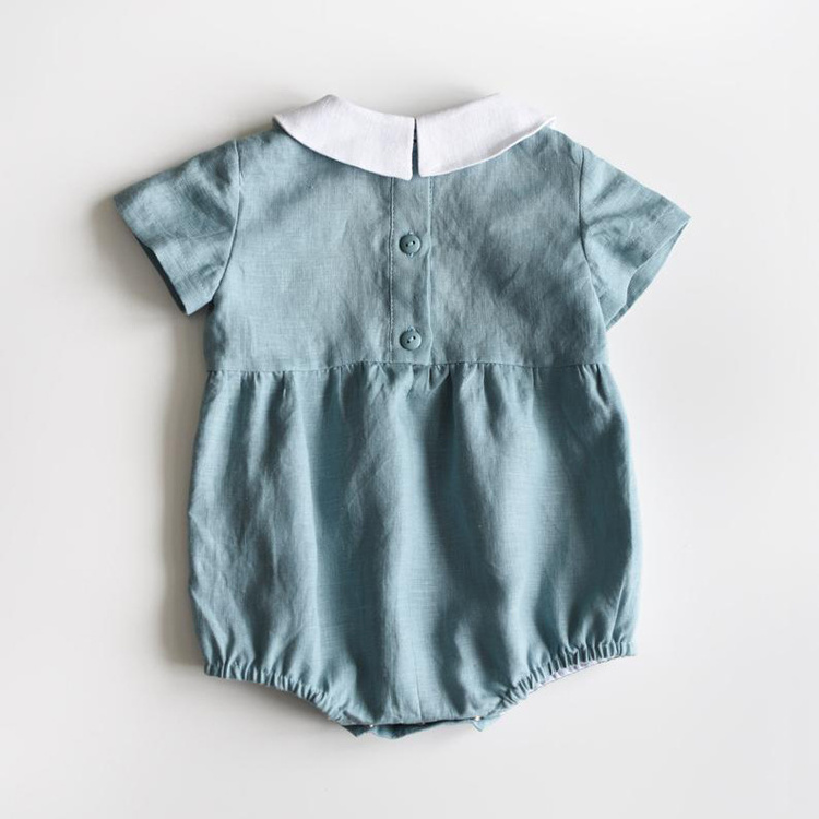 Peter Pan Neck Blue Linen Kids Clothes Short Sleeves Customize Baby Girls Romper