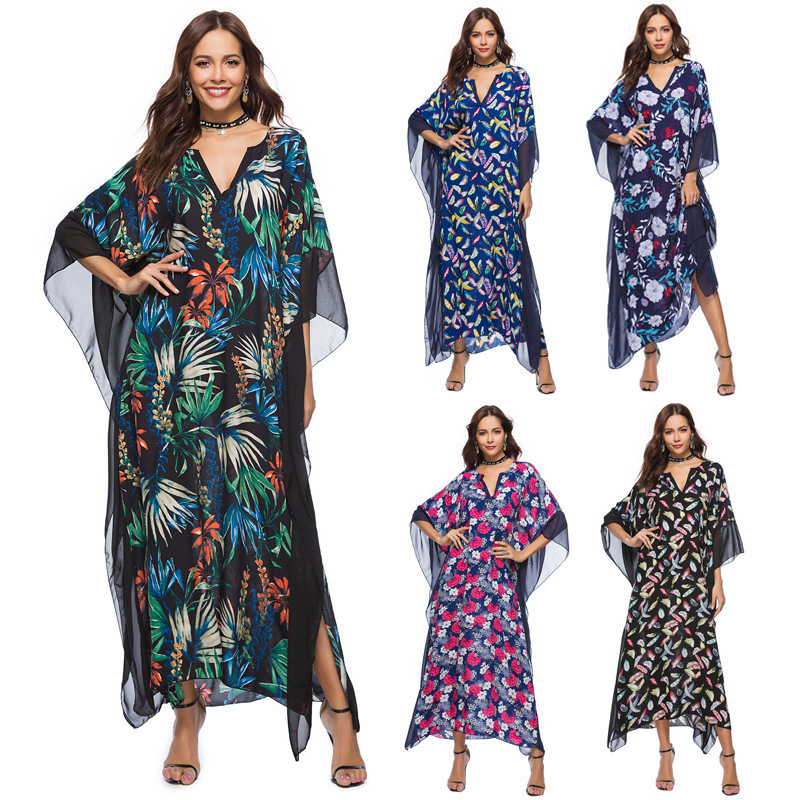 2021 spring new women's V-neck bat sleeve printed dress african women dresses Middle Eastern dress Islamic clothing