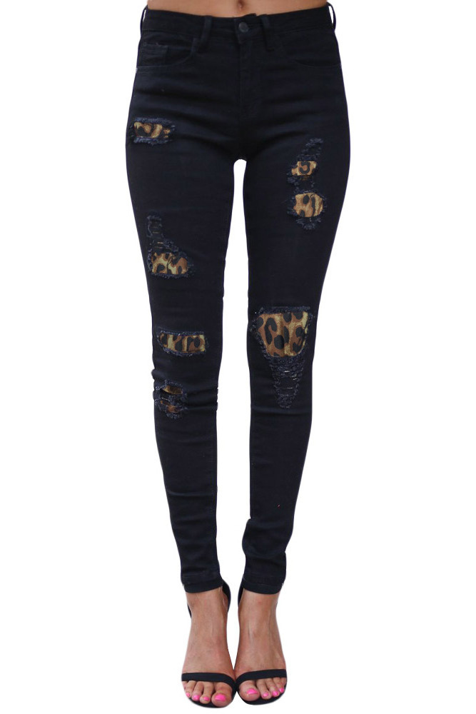 Wholesale Customized Ladies Leopard Print Ripped Patch Stretch Jeans