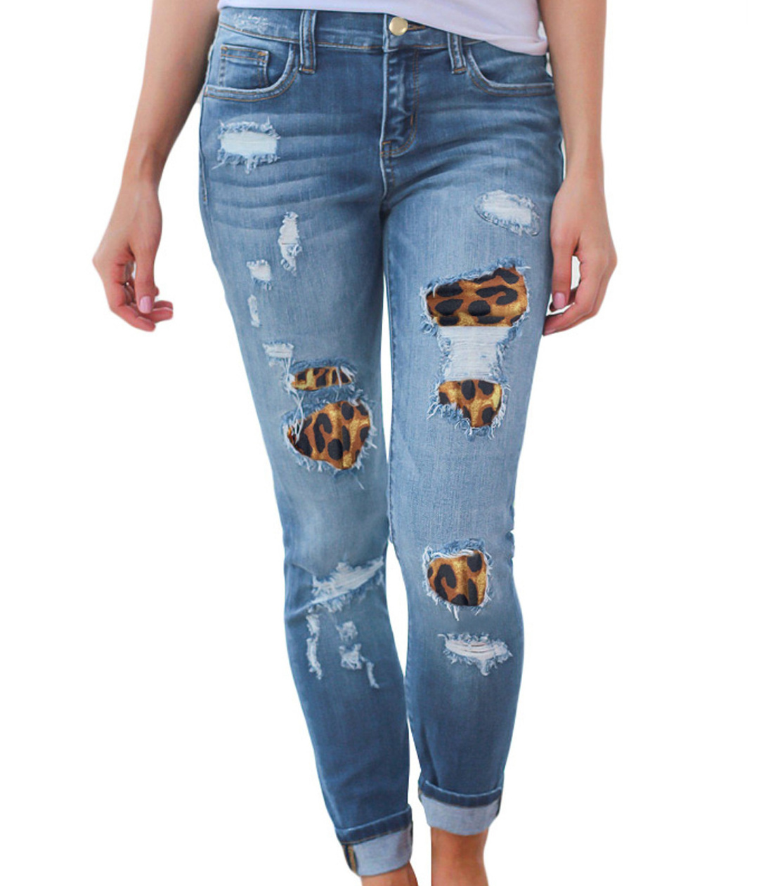 Wholesale Customized Ladies Leopard Print Ripped Patch Stretch Jeans