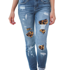 Wholesale Customized Ladies Leopard Print Ripped Patch Stretch Jeans