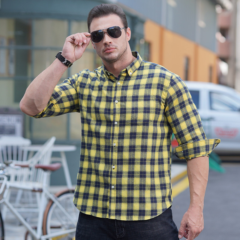 Wholesale Large Size Mens Long Sleeve  Plaid Shirt mens casual plaid 100% cotton shirts Plus size men's plaid shirt