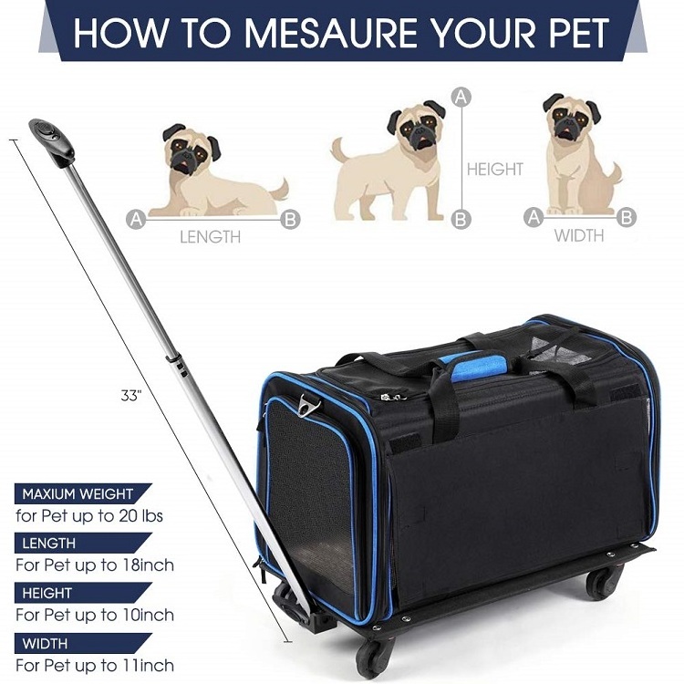 custom  Airline Approved Mesh Breathable Travel Wheels Stroller rolling Trolley Pet Dog Carrier With Wheels