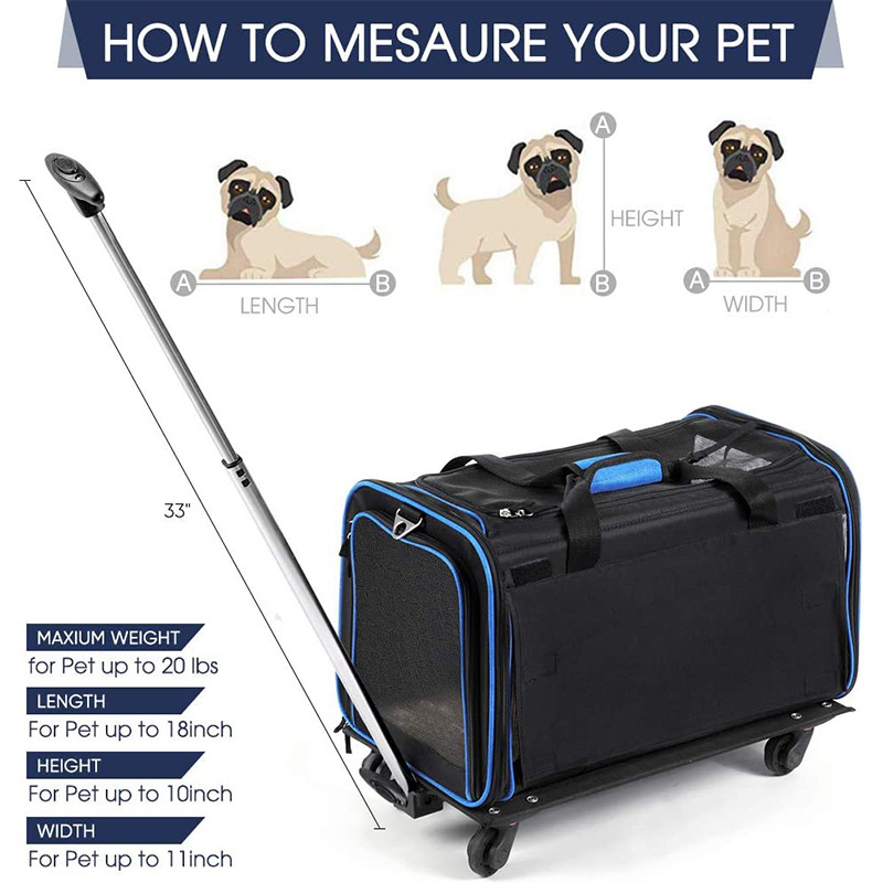 Outdoor Airline Approved Pet Bag Breathable Cat Dog Carrier Bag Rolling Pet Carrier with Detachable Wheels