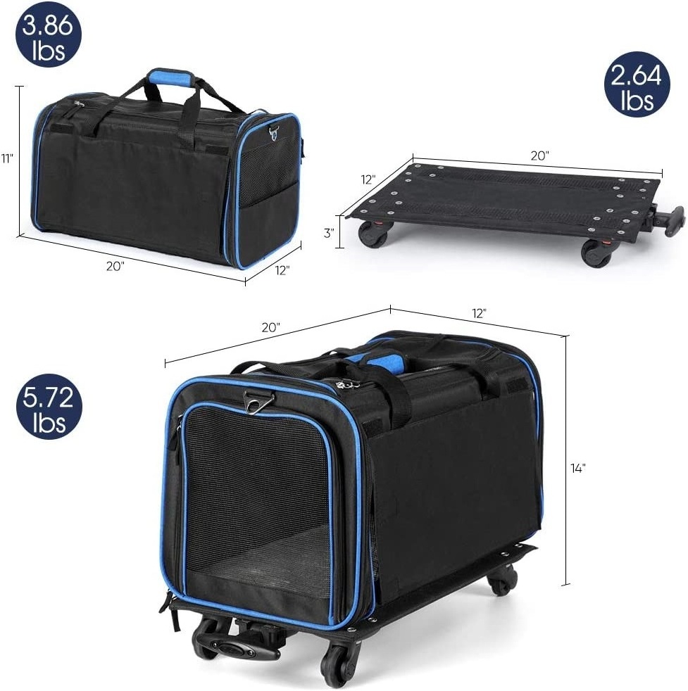 Outdoor Airline Approved Pet Bag Breathable Cat Dog Carrier Bag Rolling Pet Carrier with Detachable Wheels