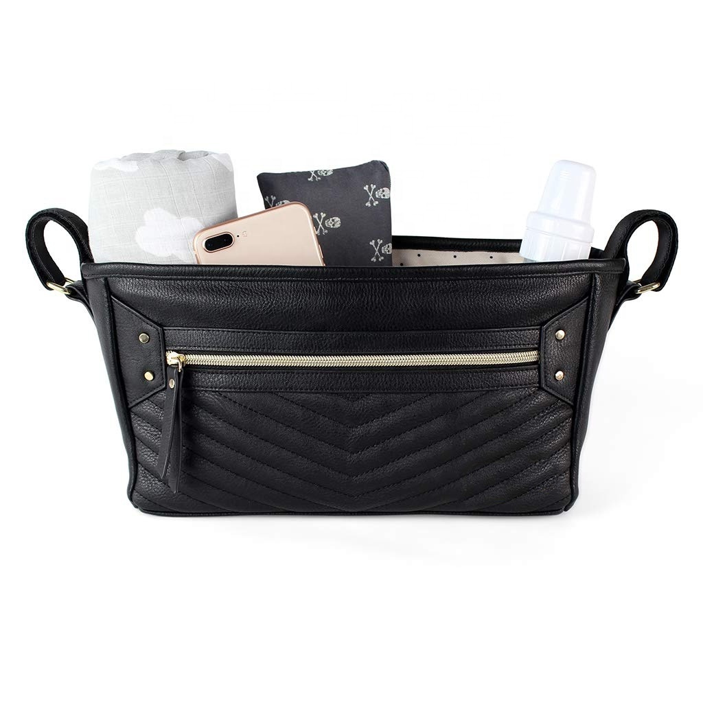 Wholesale Luxury Universal PU Leather Baby Diaper Caddy Bag Tote Stroller Organizer with Cup Holder