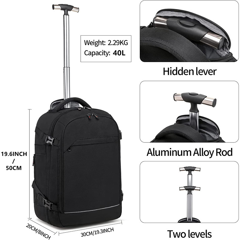 custom travel 40L Rolling Backpack multi-compartment Single trolley backpack with rolling wheels for travel