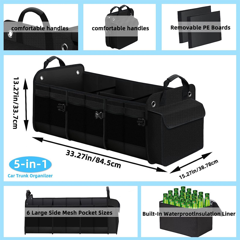 5 in1 Car Storage Organizer SUV Insulated Cooler Bag Trunk Organizer Collapsible SUV Drive Auto Car Trunk Tool Organizer