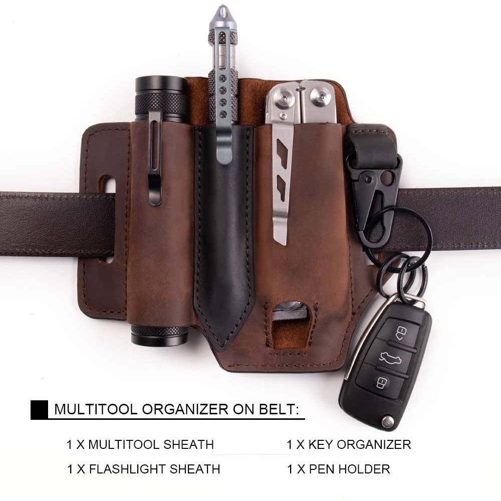 Outdoor Waist Tool Flashlight Holster Bag EDC Organizer Holder Pouch Genuine Leather Men Multitool Sheath for Belt