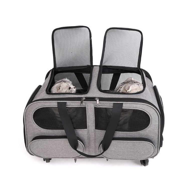 Outdoor Double Compartment carrying bag for 2 Small Cats Dogs Rabbits Detachable Pet Rolling Carrier with Wheels