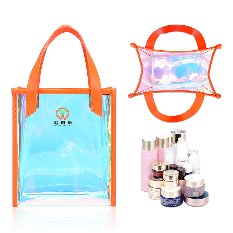 Fashion Holographic Neon Tote Bag Shopping Clear PVC Portable Cosmetic Bag Beauty Storage Carrier Tote Bag