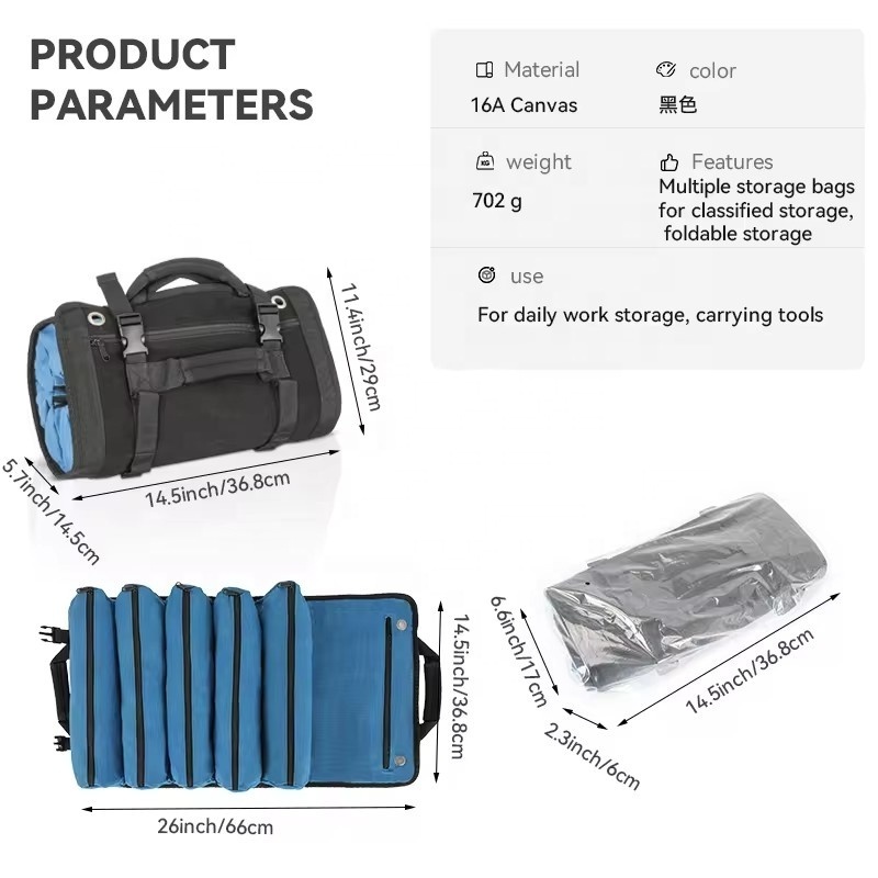 Custom Logo Canvas Foldable Rolling Tool Bag Tool Organizer Hardware Storage Tool Roll Up Bags For Electrician