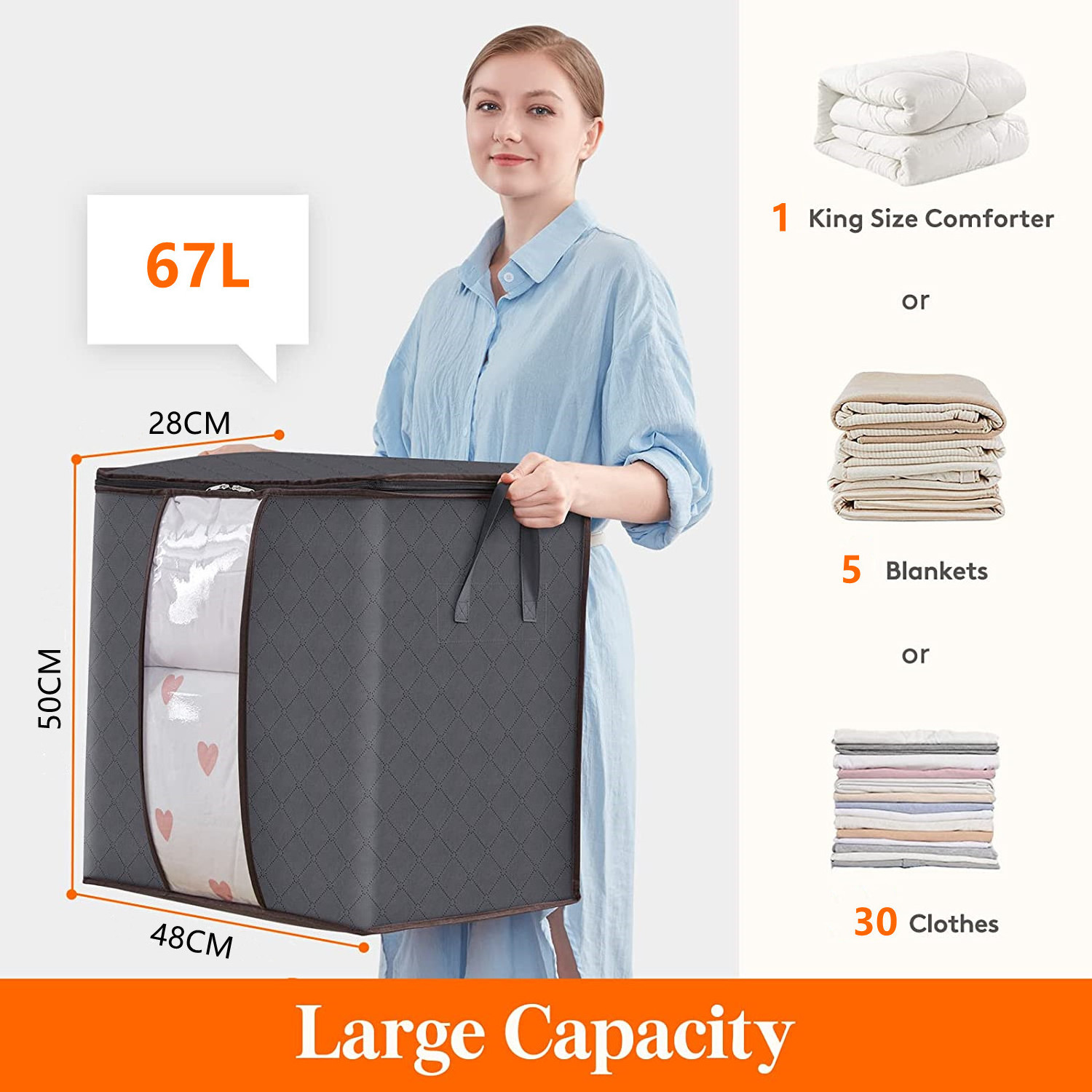 3 Pack Large Clothes Blankets Storage Bags Foldable Fabric Closet Storage Bins 67L 90L Underbed Clothes Storage Bag