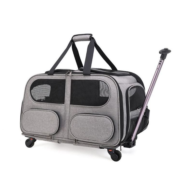 Outdoor Double Compartment carrying bag for 2 Small Cats Dogs Rabbits Detachable Pet Rolling Carrier with Wheels