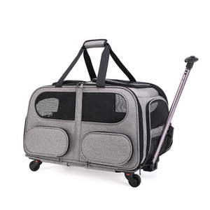 Outdoor Double Compartment carrying bag for 2 Small Cats Dogs Rabbits Detachable Pet Rolling Carrier with Wheels