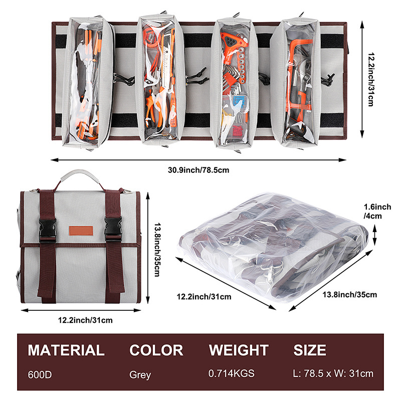 Custom Heavy Duty Foldable Detachable Clear Tool Pouch Tools Rolling Storage Bag Roll Up Tool Bag